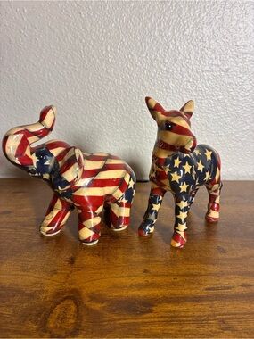 Vintage Set 2 LaVie US American Flag Donkey Elephant Figurine Political Party